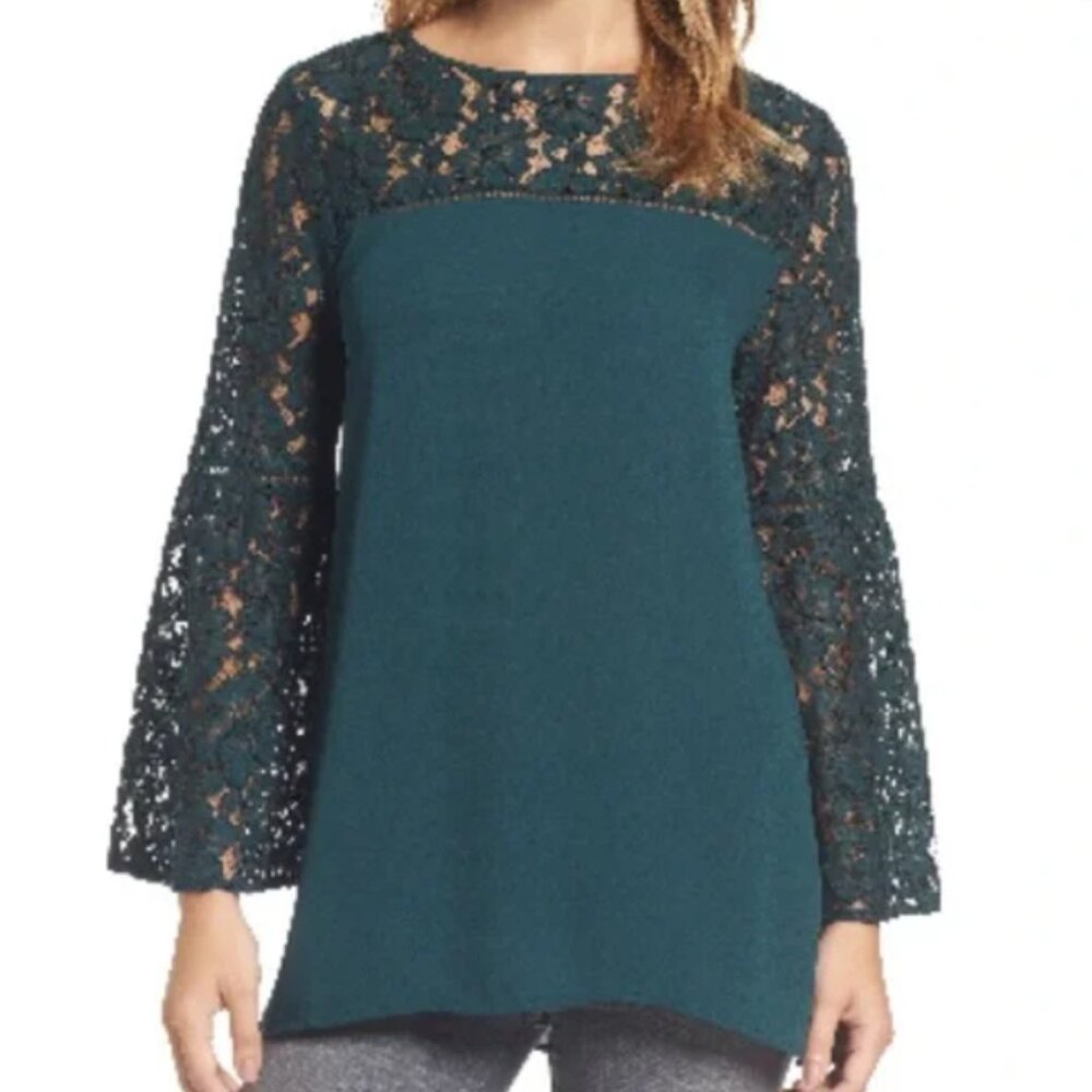 Halogen Dark Emerald Green Lace Bell Sleeve Long Blouse Evening Party Boho